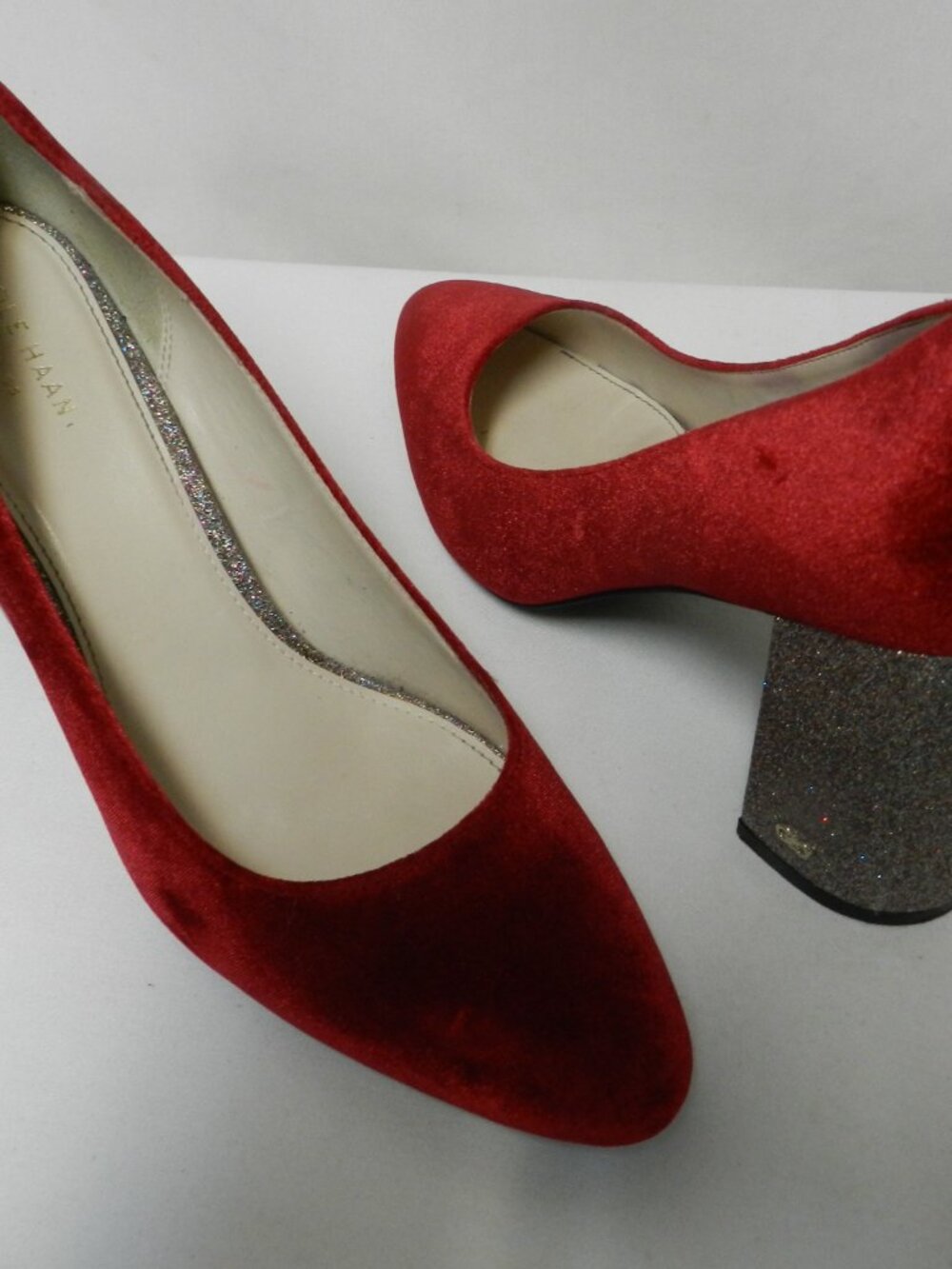 Cole Haan Grand Red Velvet Silver Glitter block pumps heels Occasion Size Sz 9.5
